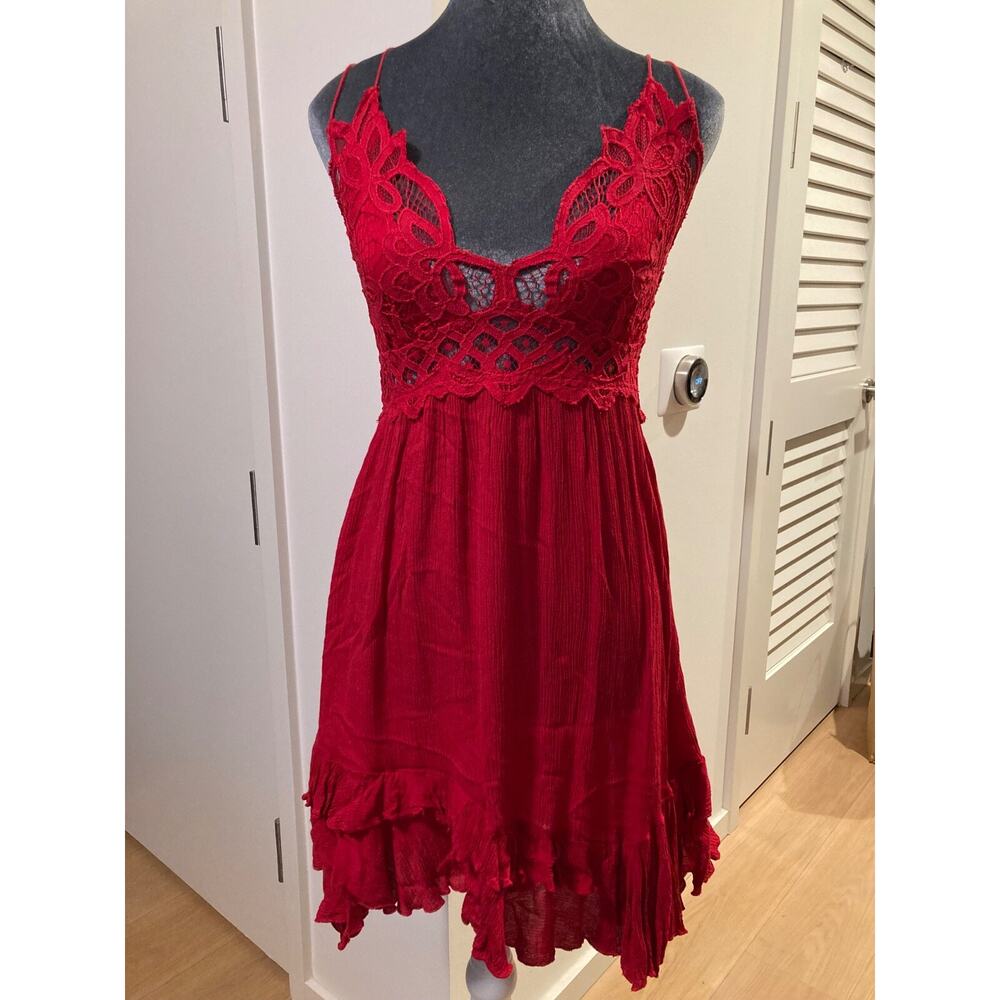 Free People Adella Slip Dress M Cherry Red Lace Ruffle Mini Strappy Romantic